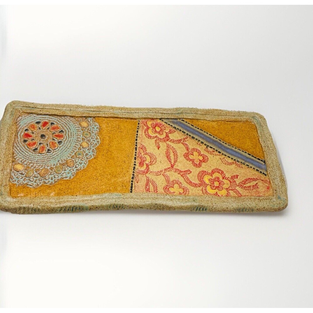 Laurie Pollpeter Eskenazi Ceramic Stoneware Tray Hand Painted Quilted Trinket - Picture 3 of 9